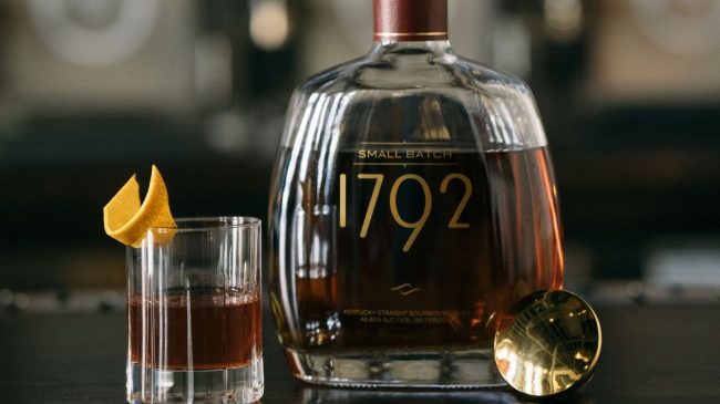 1792 small batch bourbon bottle and glass