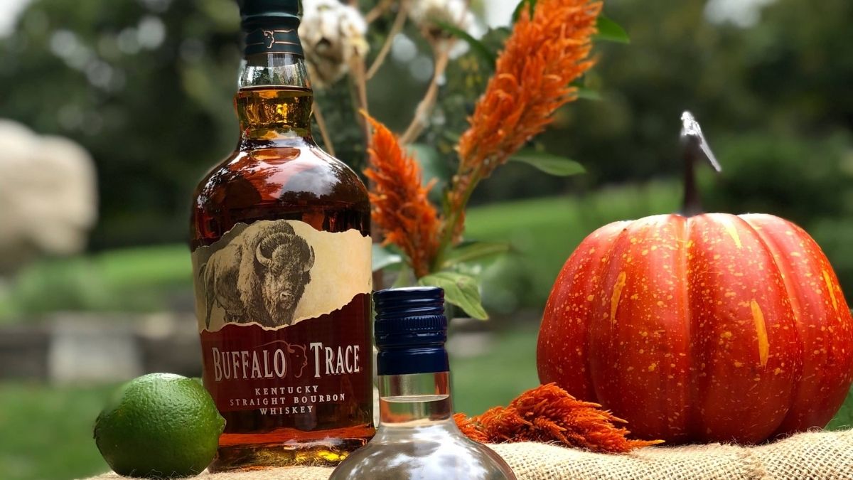buffalo trace bourbon bottles and glass