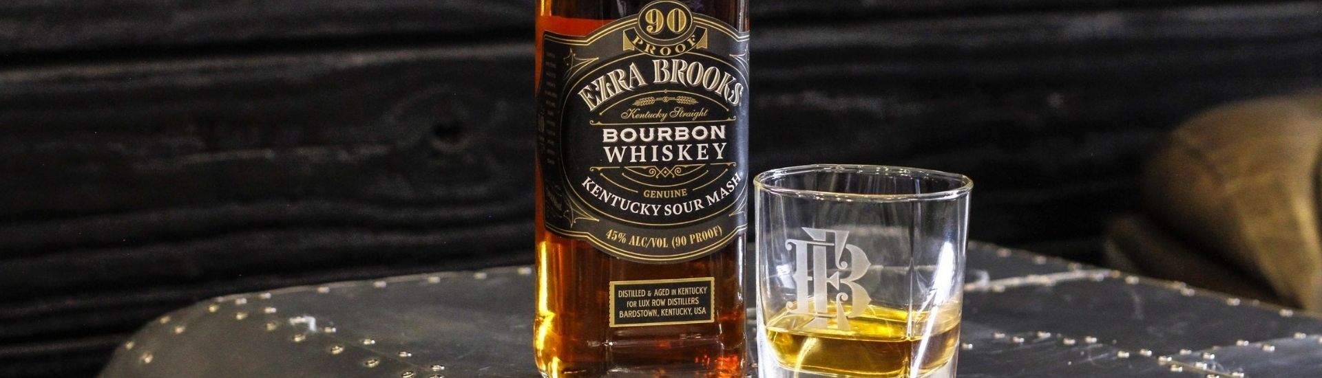 ezra brooks bourbon bottle and glass