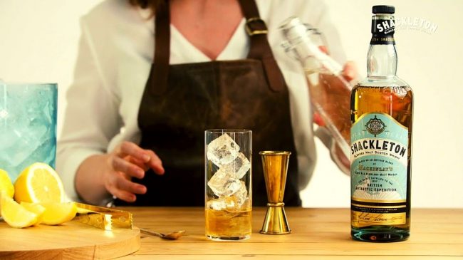 shackleton whisky bottle with lemon and ice