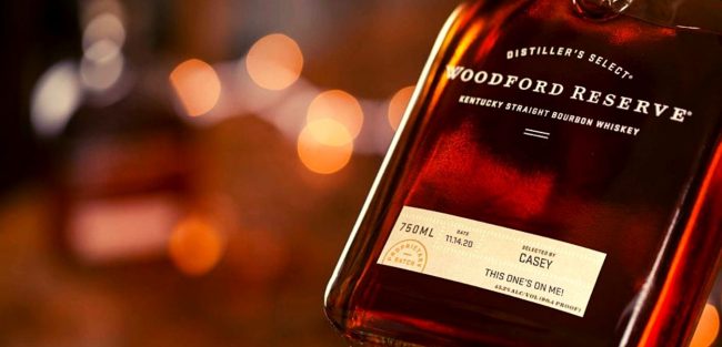 woodford reserve bourbon bottle on table